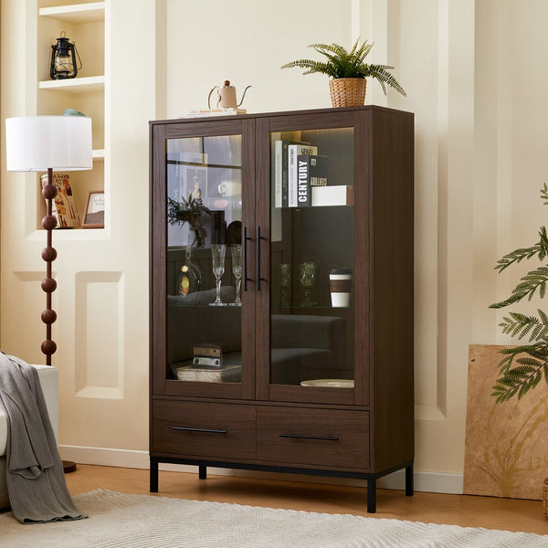 English Elm 60'' Tall Display Cabinet with LED Lighting, Tempered Glass Doors, 4 Adjustable Shelves & Drawers Black + Dark Walnut N845P261801D