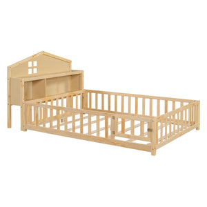 English Elm Full-size Montessori Floor Bed with Built-In Bookcase and Chalkboard, Space-Saving Solid Wood Platform for Kids Natural 56.3 L x 17.32 W x 5.31 H W1716S00014