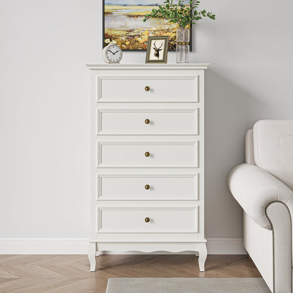 English Elm 5 Drawer Modern Dresser with Tapered Wood Legs Fluted Panels and Painted White Finish B082P232950