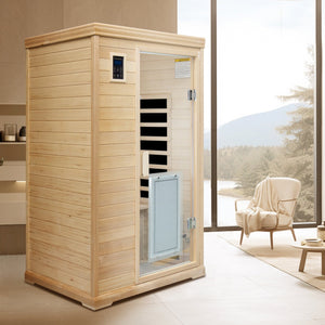 English Elm Hemlock Wood Two Person Far Infrared Indoor Sauna with Bluetooth and Led Lighting W632S00003