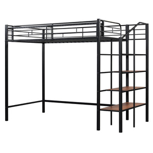 English Elm Twin Metal Loft Bed with Upper Grid Storage Shelf and 4-Layer Ladder Shelves for Space Saving Black SF100081AAB