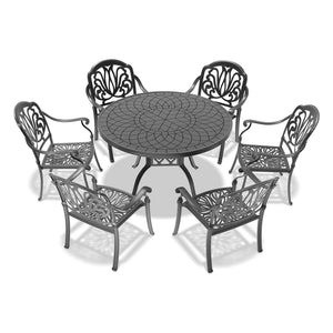 English Elm 7-piece Cast Aluminum Outdoor Dining Set Ornate Carved Patio Furniture with Cushions W1710S00559