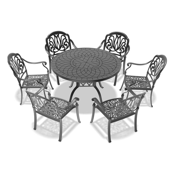 English Elm 7-piece Cast Aluminum Outdoor Dining Set Ornate Carved Patio Furniture with Cushions W1710S00559