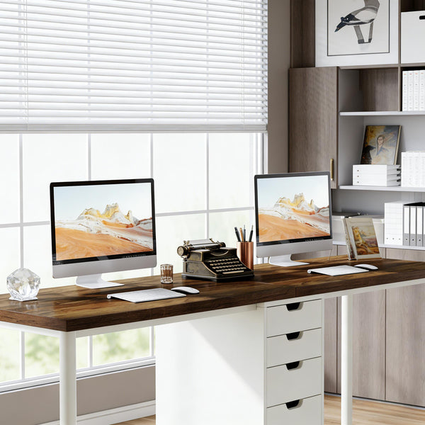 English Elm Computer Desk Two Person Wood Grain Workstation with Drawers for Shared Home Office T3971P453706