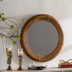 English Elm 31.3" Gold Iron Round Mirror Ribbed Texture Rivets Bohemian Accent for Bedroom W3158P407138