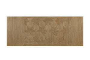 English Elm Trestle Solid Wood Dining Table with Hickory Geometric Veneer Top, Extends 84" to 114" with Leaves Beige 88 L x 48.75 W x 9.5 H B2699S00091