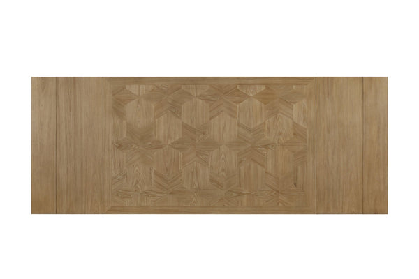 English Elm Trestle Solid Wood Dining Table with Hickory Geometric Veneer Top, Extends 84" to 114" with Leaves Beige 88 L x 48.75 W x 9.5 H B2699S00091