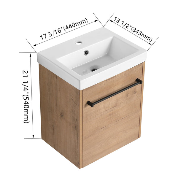 English Elm 18'' Floating Wall-Mounted Bathroom Vanity with Ceramic Sink, Soft-Close Door & Space-Saving Design Imitative Oak W999P236339
