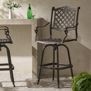 English Elm Cast Aluminum Outdoor Barstool with Diamond Lattice Back and Cabriole Legs Swivel Seat 54393.00COP