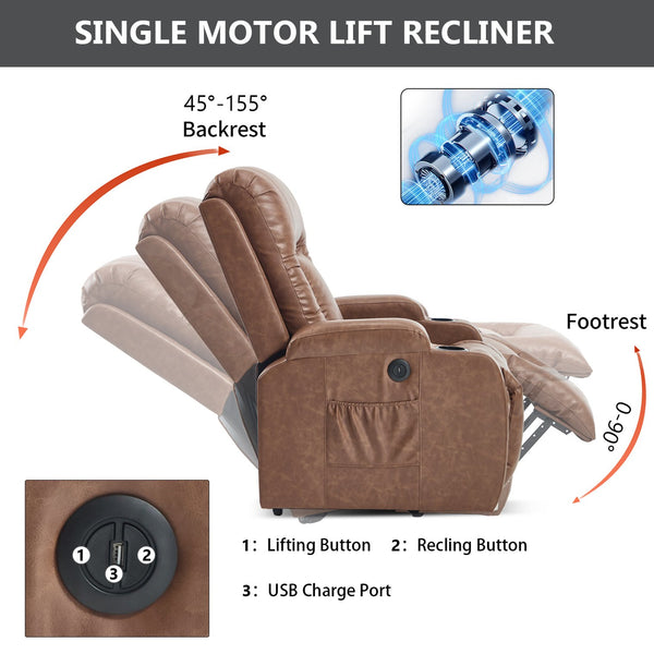 English Elm Beige Pu Leather Power Lift Recliner with Massage Lumbar Heat and Usb Charging Brown W1803S00083
