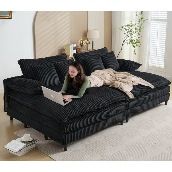 English Elm [NEW Oversized Double Lounge Chaise Sofa Bed with 4-Gear Adjustable Backrest, Corduroy, Deep Seat, Pillows Black W1628S00013