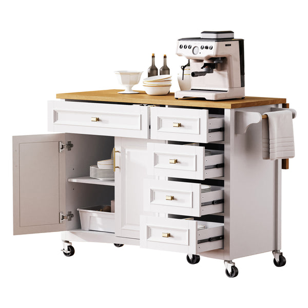 English Elm K&k Farmhouse Rolling Kitchen Island Oak Veneer Top with Drop Leaf and Storage Drawers White N707S195393W