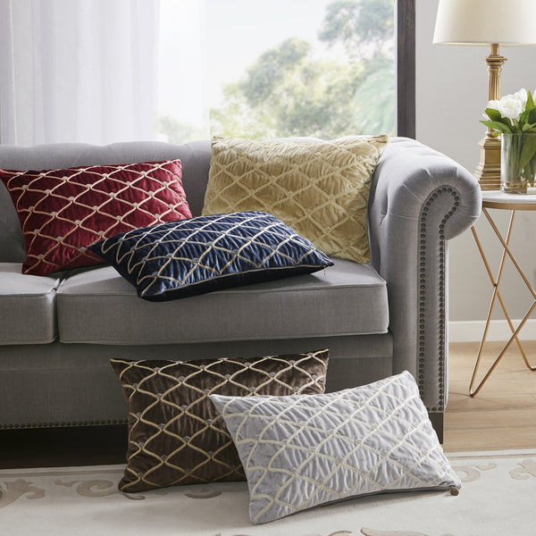 JLA Home Croscill Classics - Oblong Velvet Accent Pillow with Hand‑Beaded Net Pattern & Foxtail Stitching, Plush Goose Fill Silver CCL30-0026