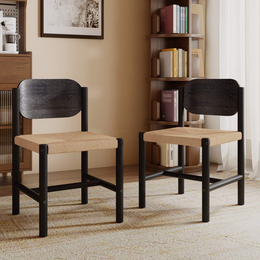 English Elm Wooden Beechwood Dining Chairs Handwoven Paper Rope Seats Bohemian Style Set of 2 N772P326290B