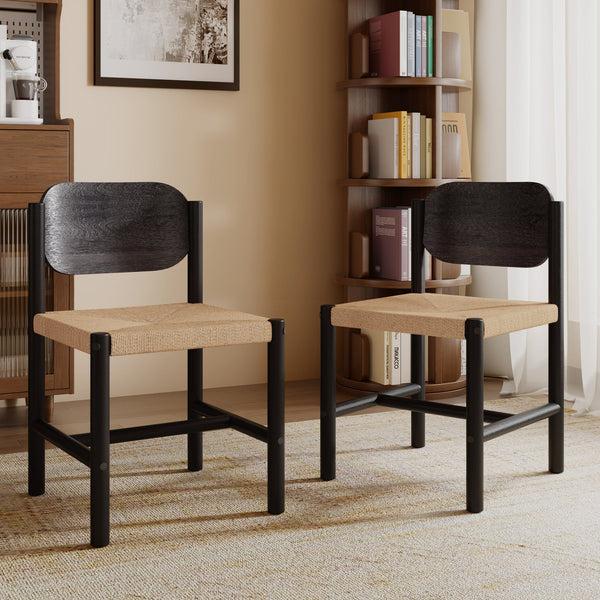 English Elm Wooden Beechwood Dining Chairs Handwoven Paper Rope Seats Bohemian Style Set of 2 N772P326290B