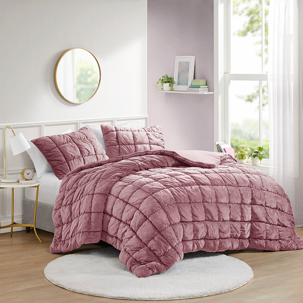 JLA Home Intelligent Design - 2 Plush Velvet Comforter Set with Hypoallergenic Down-Alternative, Box Quilting, Year-Round Cozy Luxury Pink ID10-2339