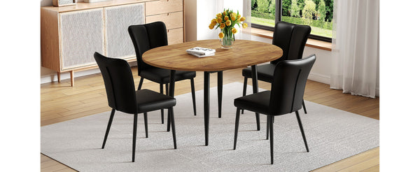 English Elm Table And Chair Set - Modern Extendable Mdf Dining Table With 4 Stylish Black Pu Chairs For Gatherings W1151S04145-GIGA