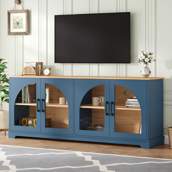 English Elm Farmhouse Media Console with Arched Glass Doors Wood Grain Two Tone Living Room Storage Blue N721P411204C