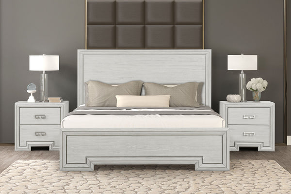 English Elm Transitional Rustic White Nightstand with Usb Charging Dovetail Drawers and Metal Handles B2741P435311