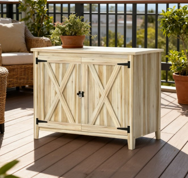 English Elm Wooden Fir Outdoor Storage Cabinet with Barn Doors Shelf and Raised Base for Patios T3971P422824