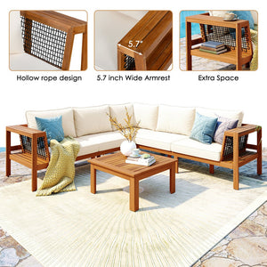 English Elm <old Old Sku Acacia Wood L-shaped Patio Sectional with Woven Rope Armrests Resort Cushioned Set Beige,Teak N704F201249N
