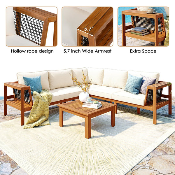 English Elm <old Old Sku Acacia Wood L-shaped Patio Sectional with Woven Rope Armrests Resort Cushioned Set Beige,Teak N704F201249N