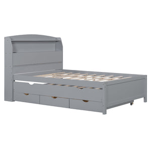 English Elm Full Size Wooden Led Platform Bed With Trundle, Storage Headboard & Usb Charging – Gray Finish N820S10009E