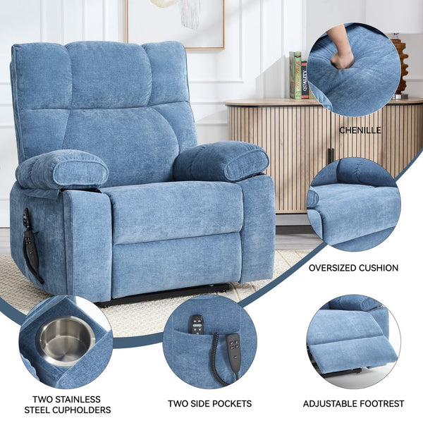 English Elm Beige Chenille Power Lift Recliner Dual Motor Massage Heat 350 Lb Capacity Blue W1803P264051