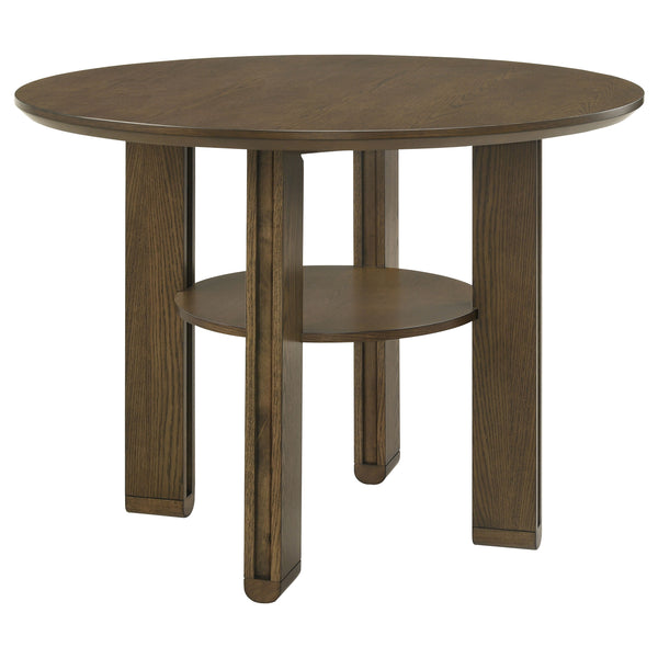 English Elm Crispin Rustic Round Counter Height Dining Table with Lower Display Shelf, Chunky Plank Legs, Brown Finish B062P375506