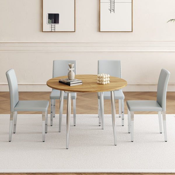 English Elm Table Set Extendable Round to Oval Wood Grain Top with Four Gray Pu Dining Chairs W1151S04833