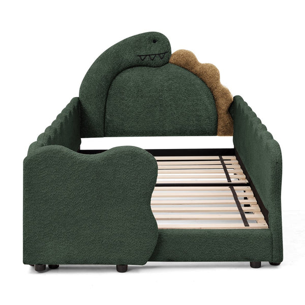 English Elm Twin Dinosaur Boucle Upholstered Kids Bed Solid Wood Frame with Padded Safety Rails Green W1413P385005