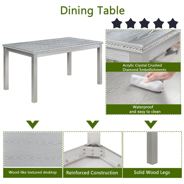 English Elm 6 Piece Wooden Dining Set With Upholstered Chairs And Bench – Elegant Silver Grey Table For 6 W1998S00067