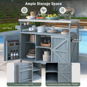 English Elm K&K Outdoor Kitchen Island Rolling Bar Cart with 1.2" Stainless Steel Top, Ample Storage, Wheels and Spice Rack Grey+Blue WF532198AAG