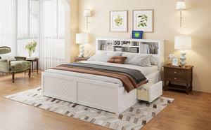 English Elm King Platform Bed with Multi-Storage Headboard, Built-In USB & Outlets, Side Drawers, Modern Design White GX000400AAK