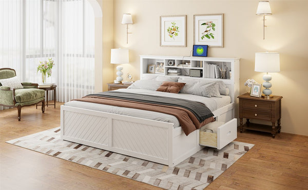 English Elm King Platform Bed with Multi-Storage Headboard, Built-In USB & Outlets, Side Drawers, Modern Design White GX000400AAK