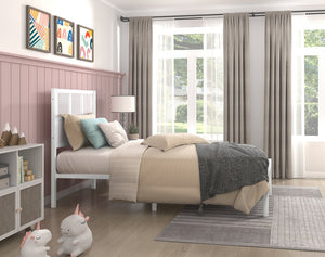 English Elm 1pc Twin Platform Bed with Dark Metal Frame and Faux Cane Panel Headboard, Coastal Casual Design, No Box Spring Needed White 47.25 L x 28 W x 3.75 H B011P214039
