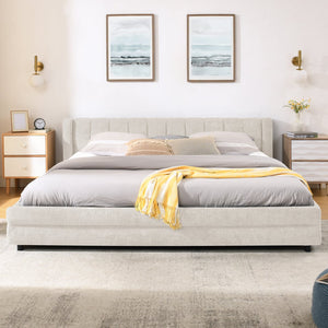 English Elm King Chenille Upholstered Platform Bed with Storage Drawers and Structured Headboard Beige W487S00414