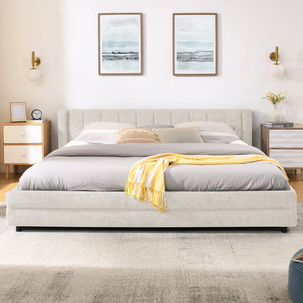 English Elm King Chenille Upholstered Platform Bed with Storage Drawers and Structured Headboard Beige W487S00414