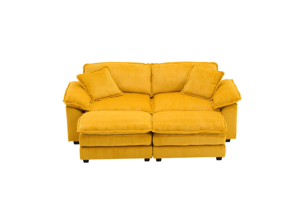English Elm Corduroy Plush 2-Seat Sofa with 2 Back Cushions, Toss Pillows & Ottomans — Deep Seat Comfort Yellow W2363S00063