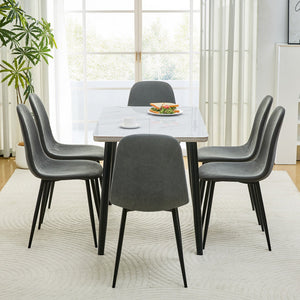 English Elm Table and Chair Set Marble Look Glass Top Modern Dining for Six with Gray Linen Seats W1151S04625