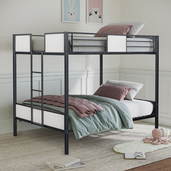 English Elm Full Full Metal Bunk Bed Contemporary Black Frame with White Accent Panels, Side Ladder, Full Size Ready B2741P347306