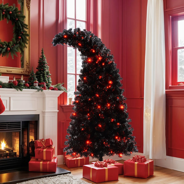 English Elm 6FT Black Artificial Christmas Tree with 250 LED Orange & Purple Lights, 900 Tips, UV-Resistant Indoor Decor PX283441AAA