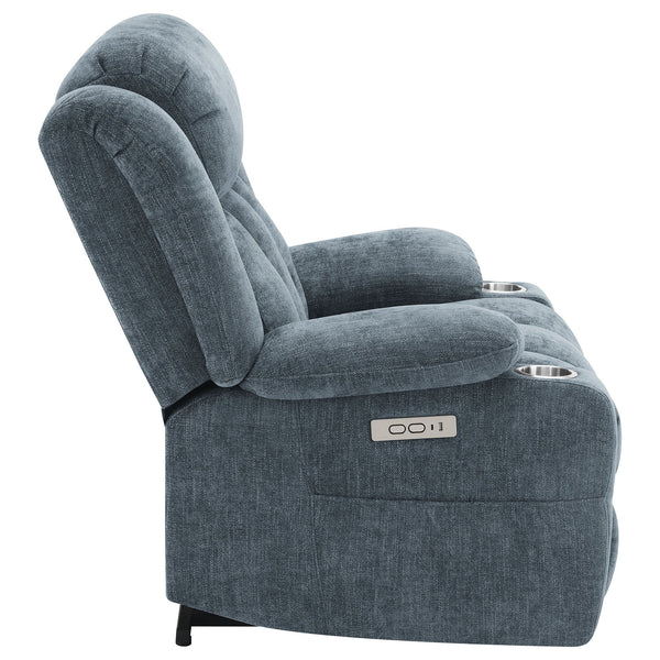 English Elm Beca Slate Blue Upholstered Power Lift Recliner with USB, Cupholders, Plush Channeling & Pillow Arms — Cozy Movie Night Comfort B062P378402