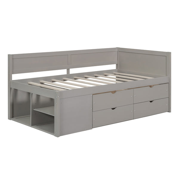 English Elm Twin Daybed with Two Pull Out Drawers and Open Shelves for Small Bedroom Storage Gray LP102022AAE