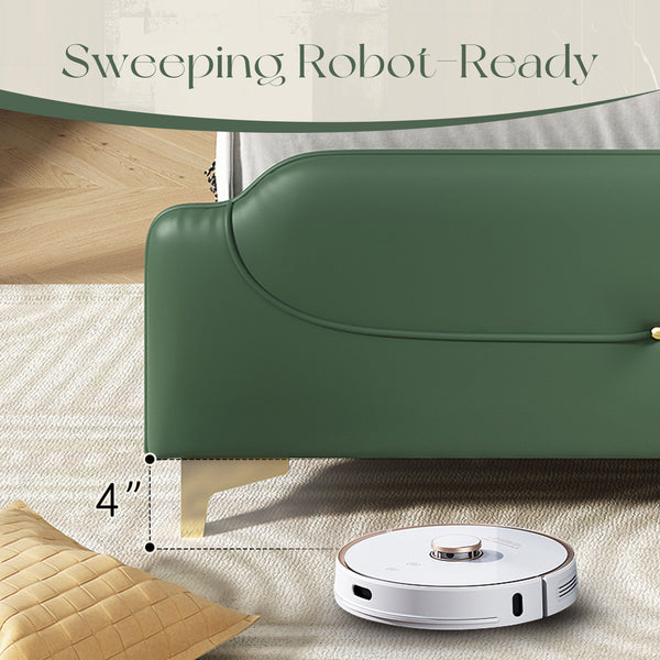 English Elm Christopher Knight Home® - King PU Leather Bed Frame with Wingback Headboard & Footboard, Gold Accents, Platform Slat Support, Elegant Design Green 77.5 L x 21 W x 5.25 H N761S0000012G