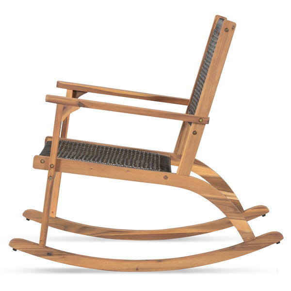 English Elm Go Acacia Wood Outdoor Rocking Chair Set Two Pe Wicker Seats for Patio Porch Dark Brown N704P245214D