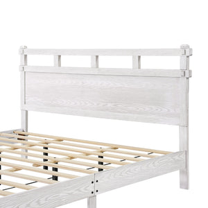 English Elm Queen Farmhouse Platform Bed Antique White Wood Grain Two-tiered Headboard Solid Frame N758P369328W