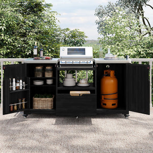 English Elm K&K 66.5" Outdoor Kitchen Island with 1.2" Stainless Steel Top, Ample Storage, Wheels & Bottle Opener Black N707P250629B