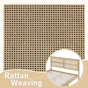 English Elm Queen Size Solid Rubberwood Bed With Rattan Headboard – Durable, Stylish & Space-Saving Design! W504P184305-GIGA