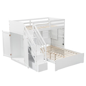 English Elm Twin Over Full Bunk Bed with Wardrobe Storage Stairs Shelves and Usb Charging White LT000292AAK